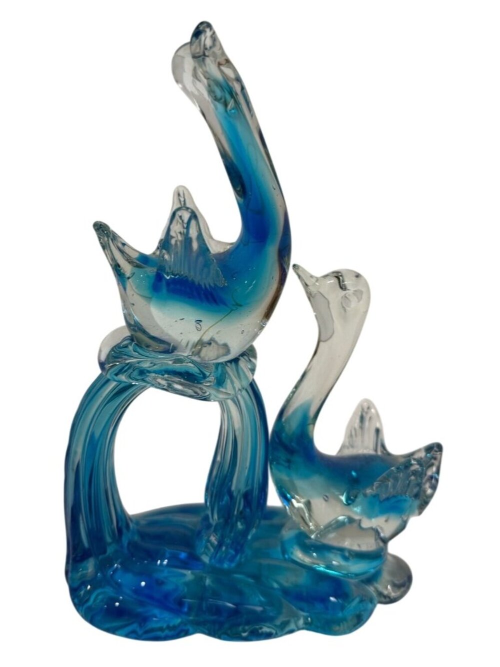Blue Hand-Blown Art Glass Dual Swan Figurine Clear-To-Blue Gradient 8" Tall